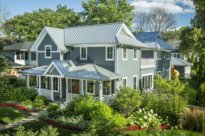 Blue house with fiber cement siding.